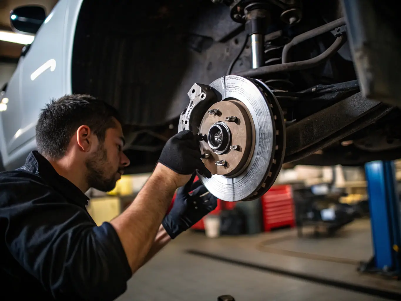 A close-up of a mechanic inspecting brake pads on a vehicle in a Canadian auto shop, with a focus on safety and precision.