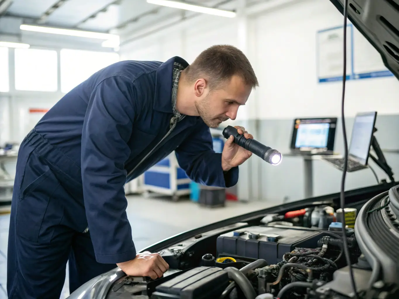 A mechanic inspecting a car engine in a well-equipped Canadian auto shop, focusing on the engine components and diagnostic tools.