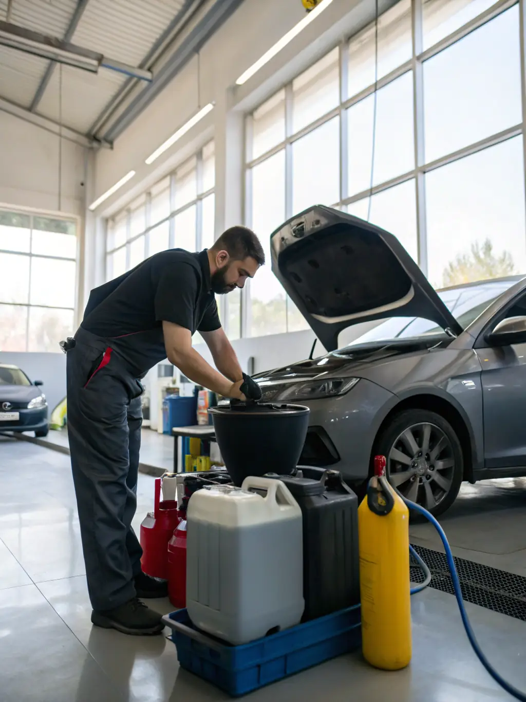 A mechanic in a clean, well-lit garage is performing an oil change on a car, with various tools and oil containers neatly arranged in the background. The car is elevated on a lift.