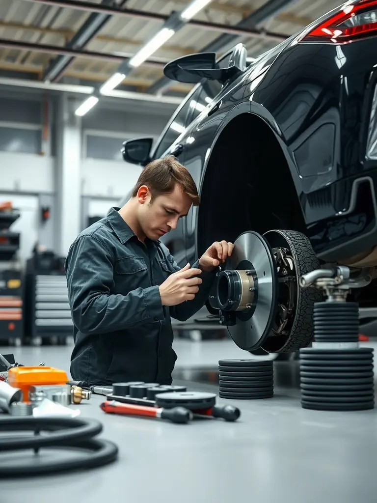 A detailed image of a mechanic inspecting brake pads and rotors, with a caliper in hand. The background is a blurred view of the garage.