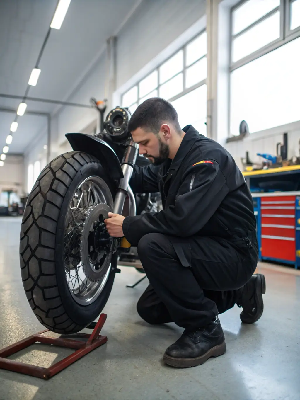 A close-up shot of a mechanic rotating tires on a vehicle, with a focus on the tire tread and the tools being used. The background shows a tire rack.