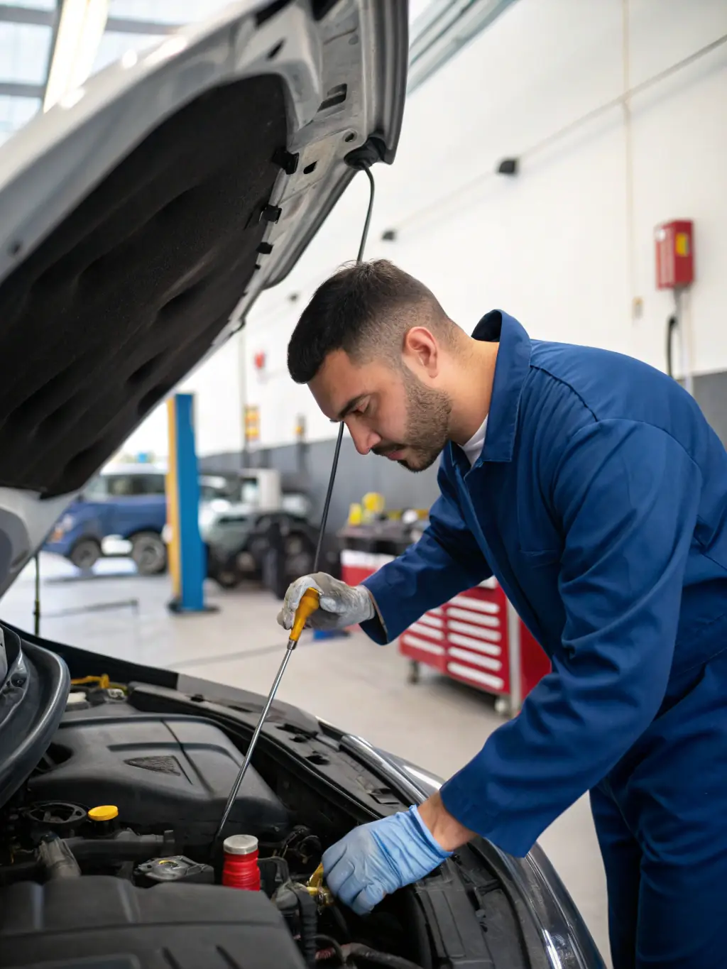 A mechanic is checking the fluid levels under the hood of a car, with various fluid containers visible. The engine bay is clean and organized.